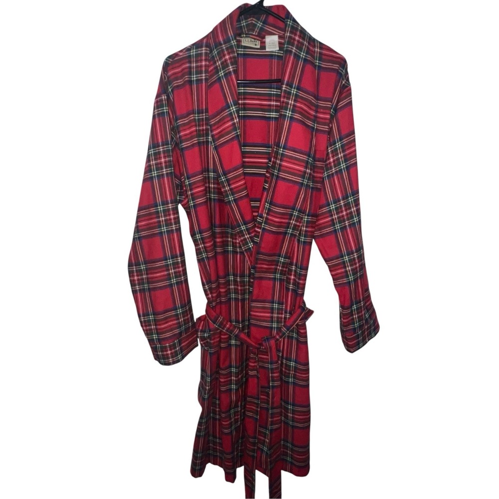 LL Bean Scotch Plaid Red Flannel Bathrobe Mens Medium 100% Cotton Robe Flannel